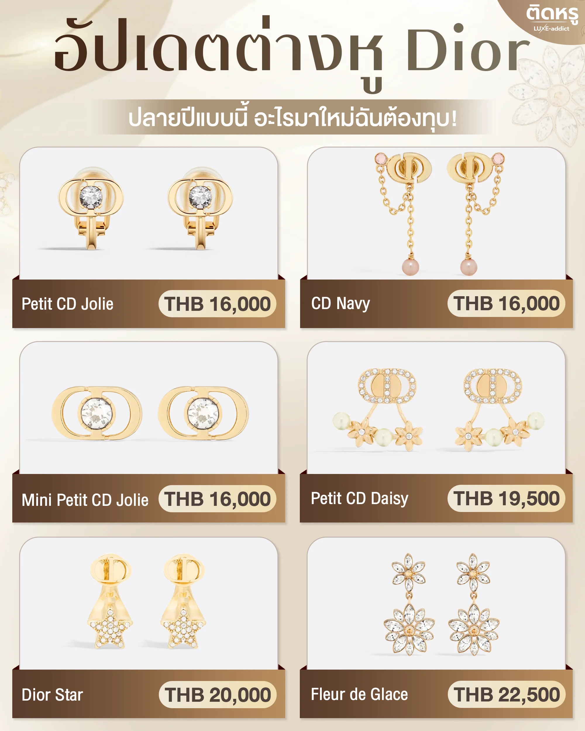 ภาพรวมต่างหู Dior 6 รุ่นฮิต เช่น Petit CD, CD Navy และ Dior Star พร้อมราคา