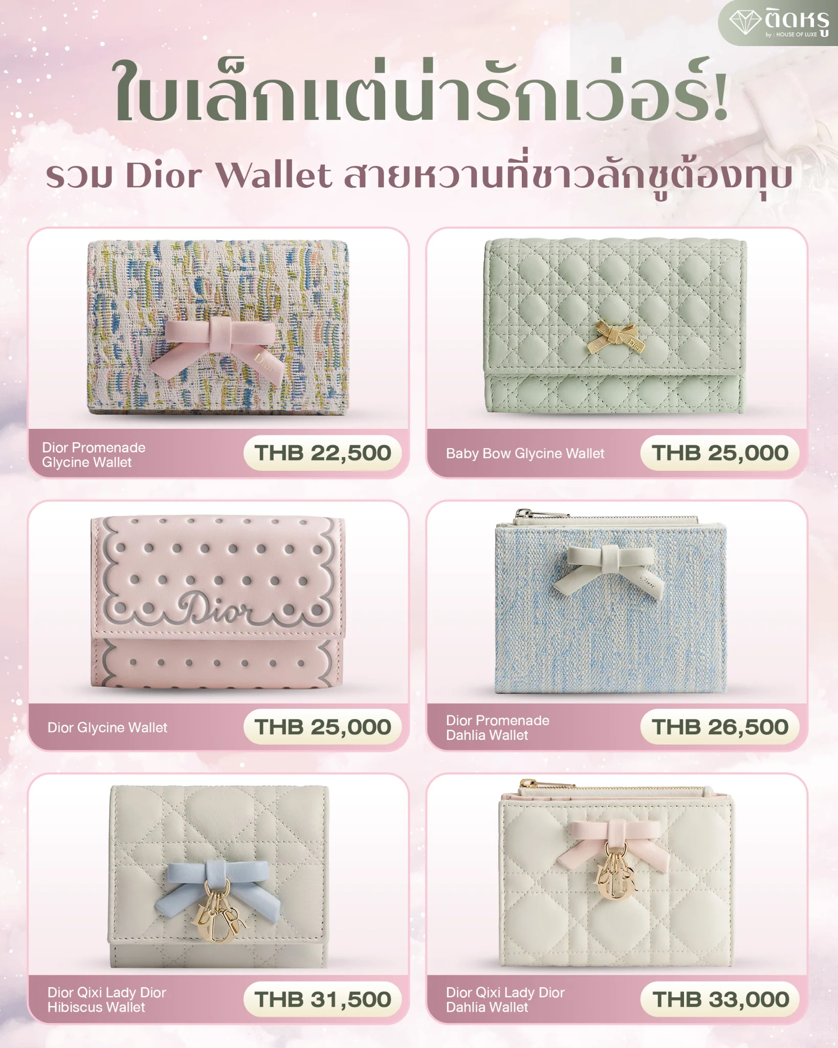 Dior women's wallet new collection featuring charming pastel designs and bows