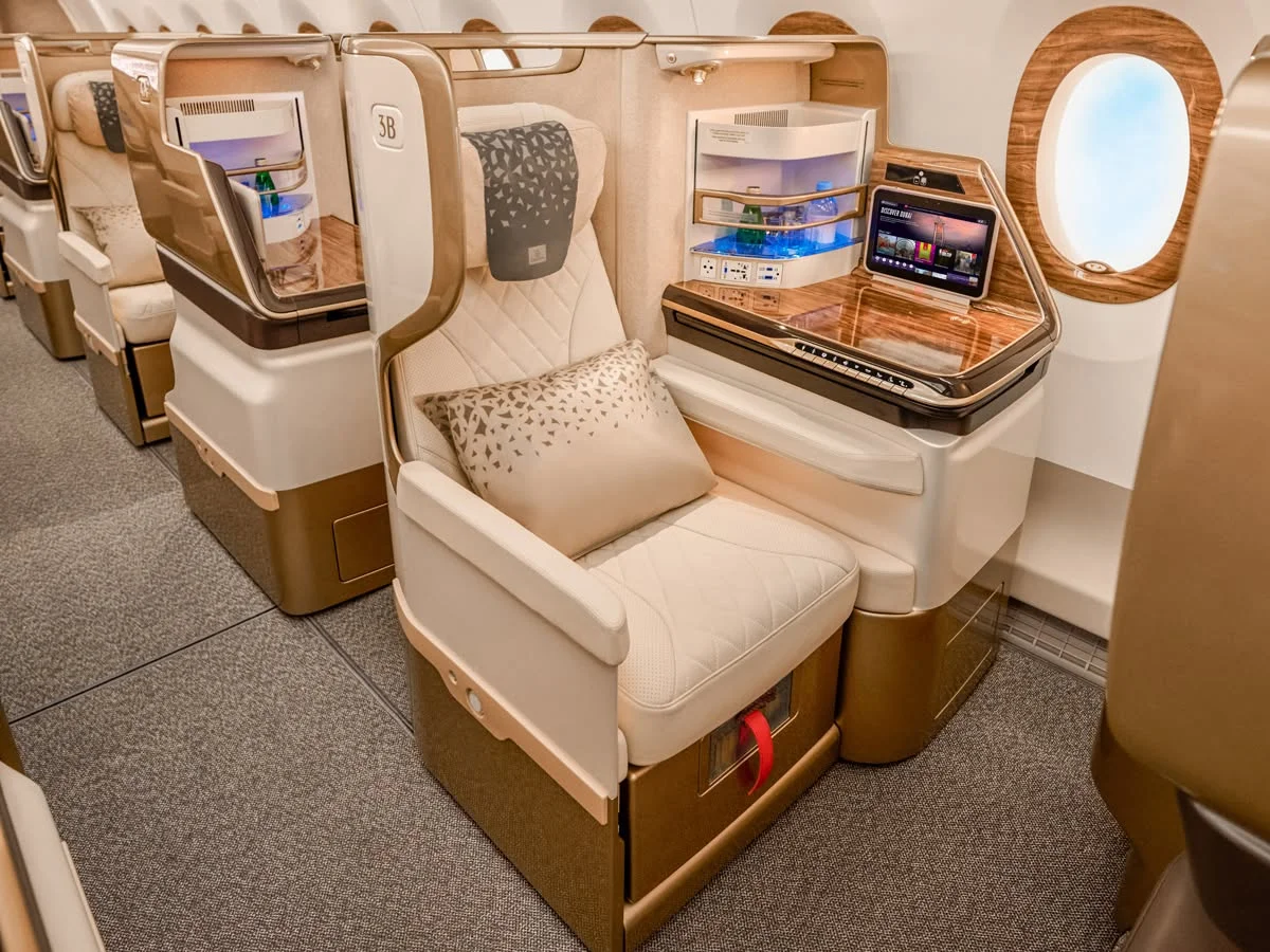 Premium in-flight dining and luxury amenities aboard the Emirates A380 aircraft
