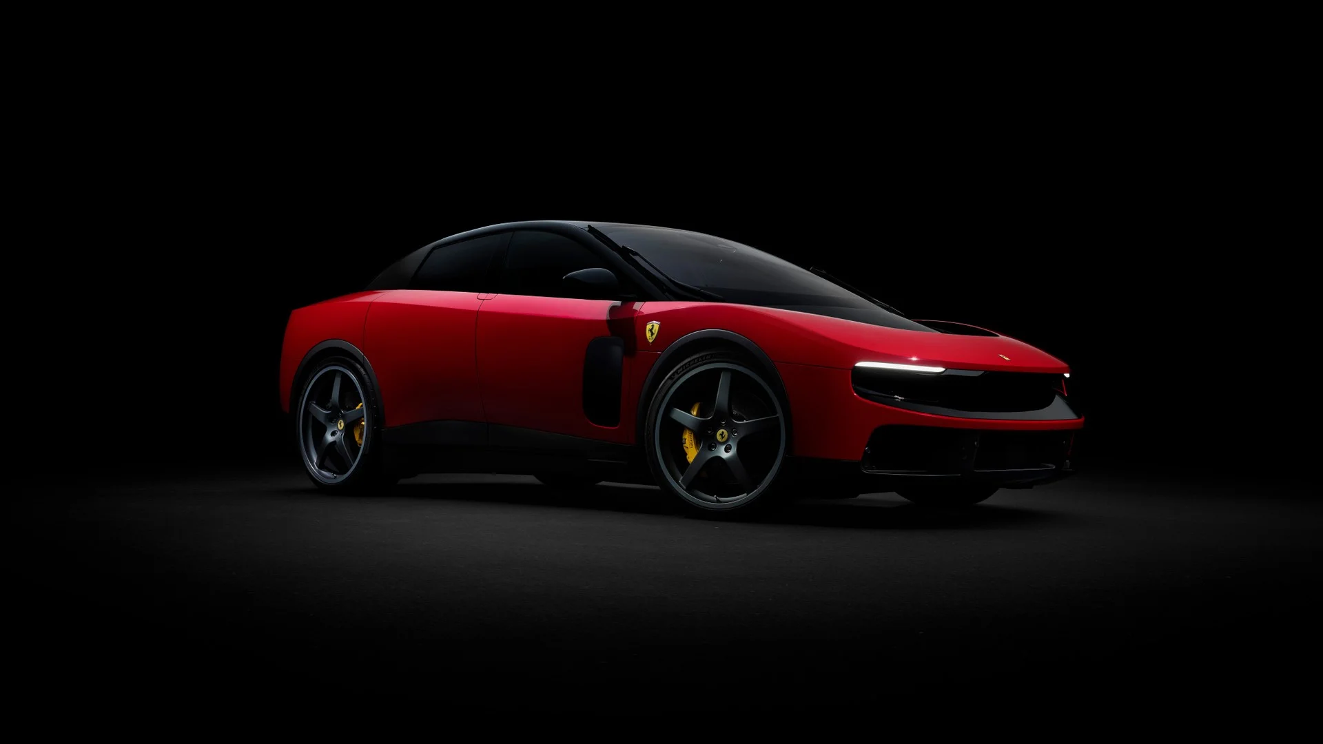 Sleek exterior design of the Ferrari Luce electric supercar