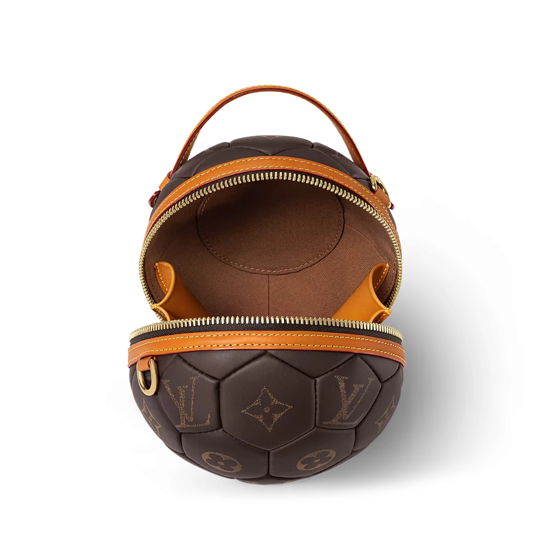 Close up details of the classic Monogram print on Louis Vuitton soccer ball bag