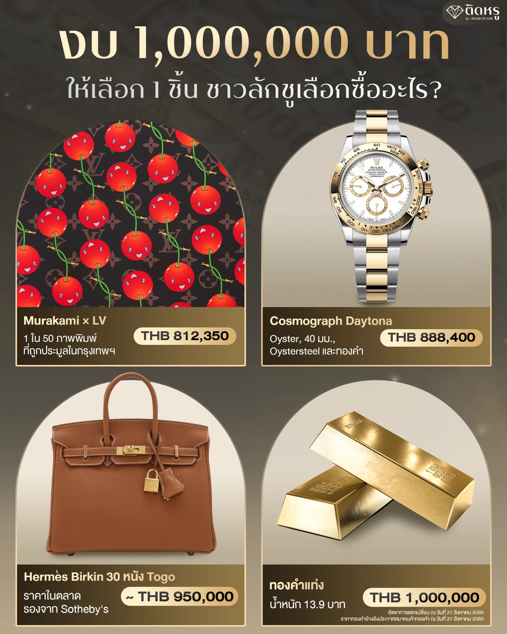 Comparison of 4 iconic luxury collectibles worth 1 million THB for high-end investment