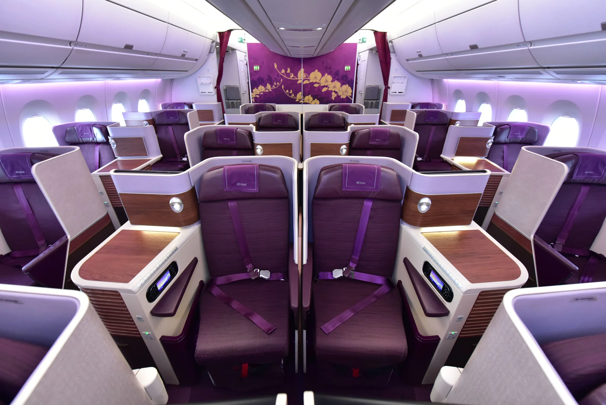 Close-up viewpoint for a Thai Airways A350 business class review showing fully flatbed seats
