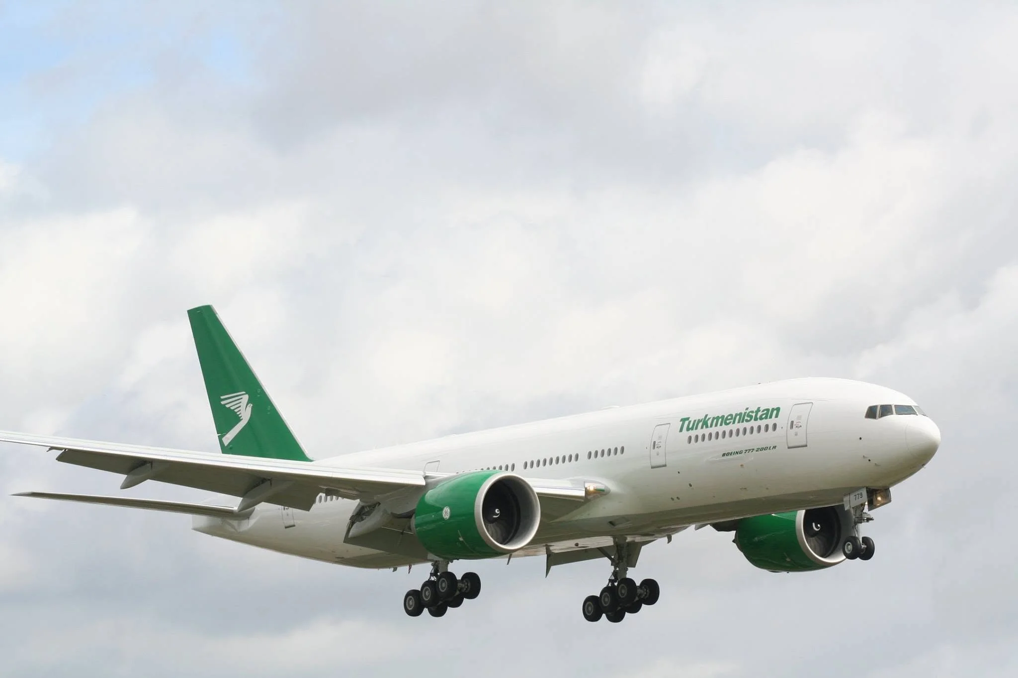 Turkmenistan Airlines business class to London cabin interior on Boeing 777-300ER